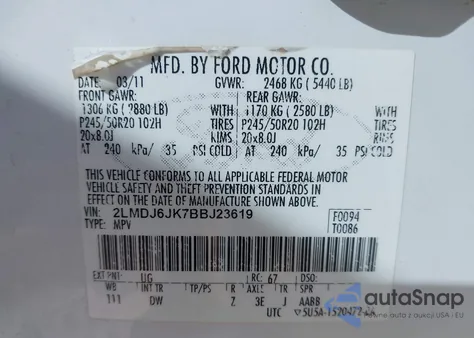 2011 Lincoln Mkx from USA, damaged, VIN 2LMDJ6JK7BBJ23619